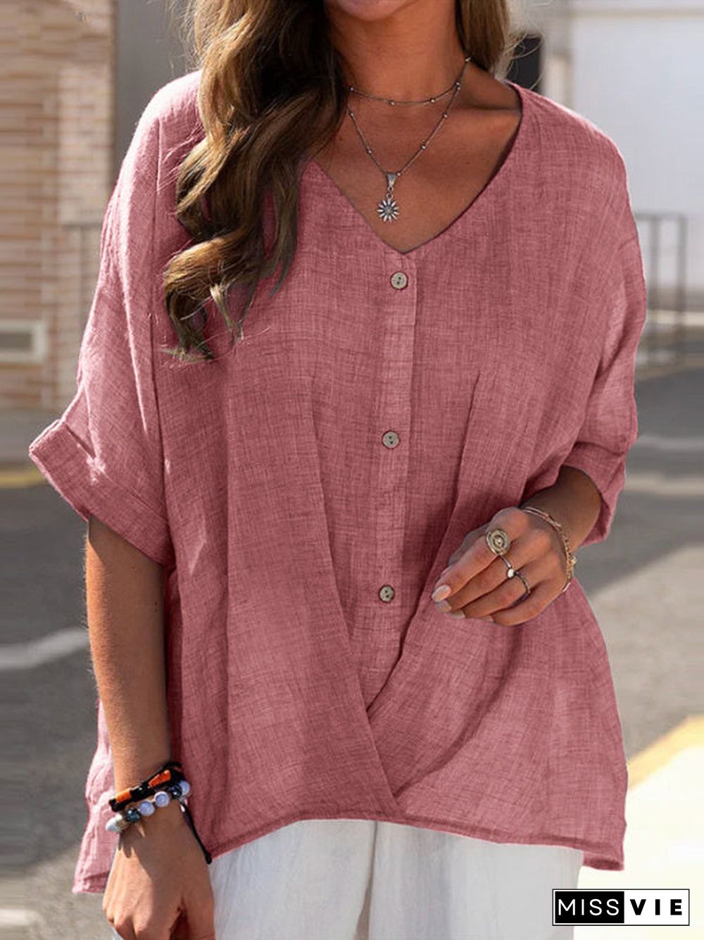 Women's Short Sleeve V-neck Solid Color Buttons Casual Tops