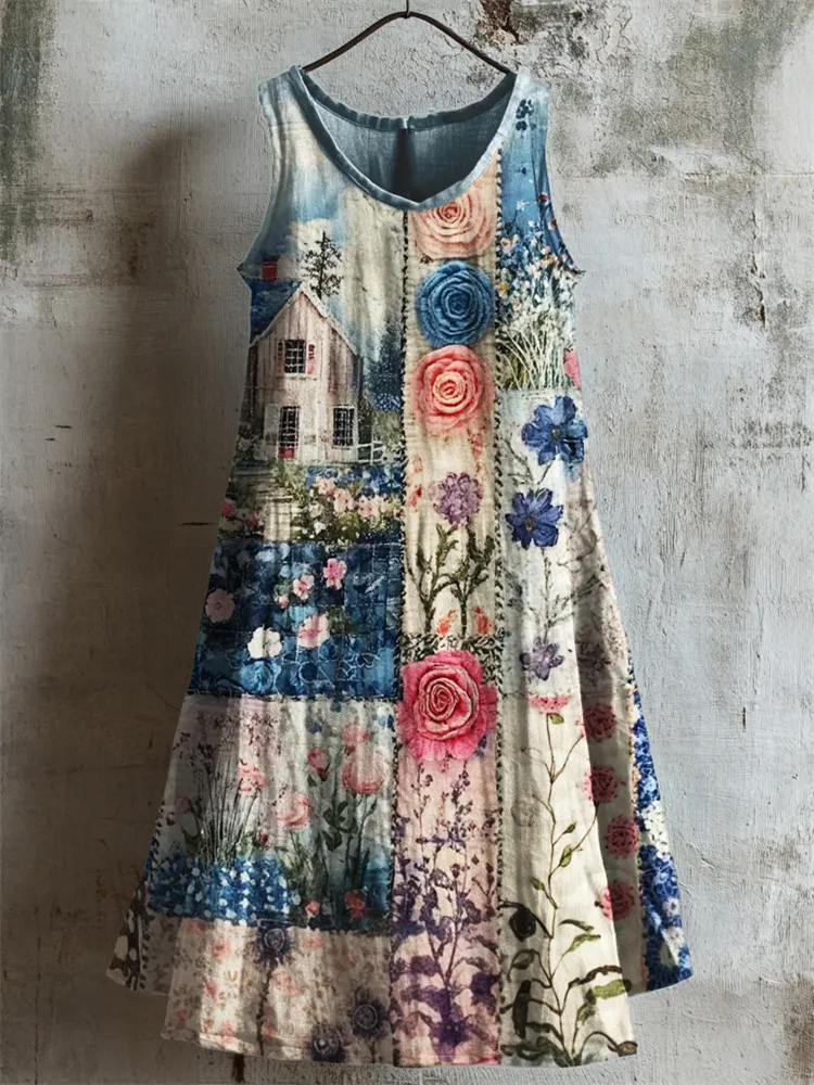 Cottage Floral Patchwork Fiber Art Linen Tank Dress