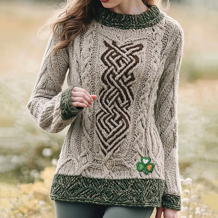 Women's Celtic Knot Jacquard Contrast Shamrock Embroidered Sweater