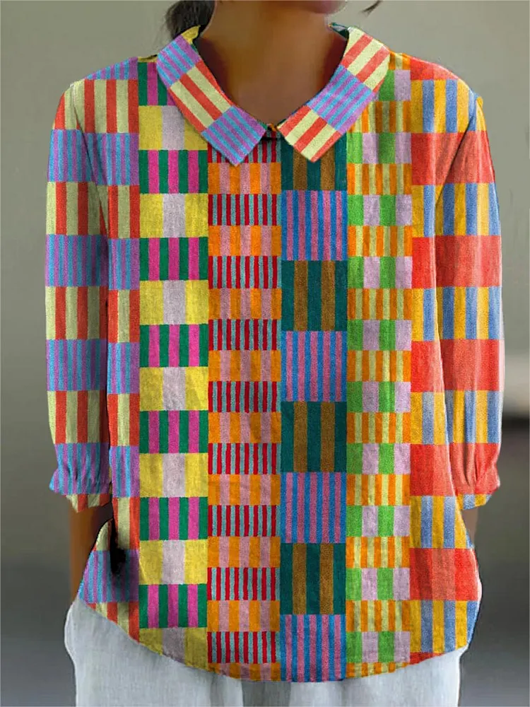 Women's Geometric Pattern Art Print Casual Cotton And Linen 3/4 Sleeve Shirt