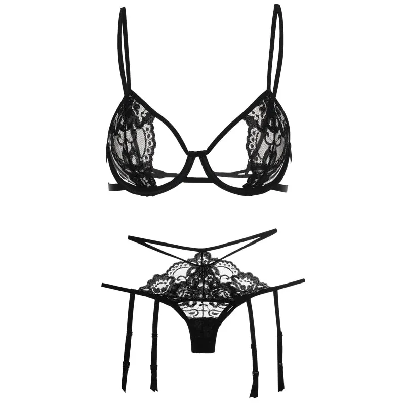 Temptation Transparent Lace Bra Seducive Lingerie Garter Set Sexy Push Up Underwire Open Cup Bra Underwear Panties Garter Set