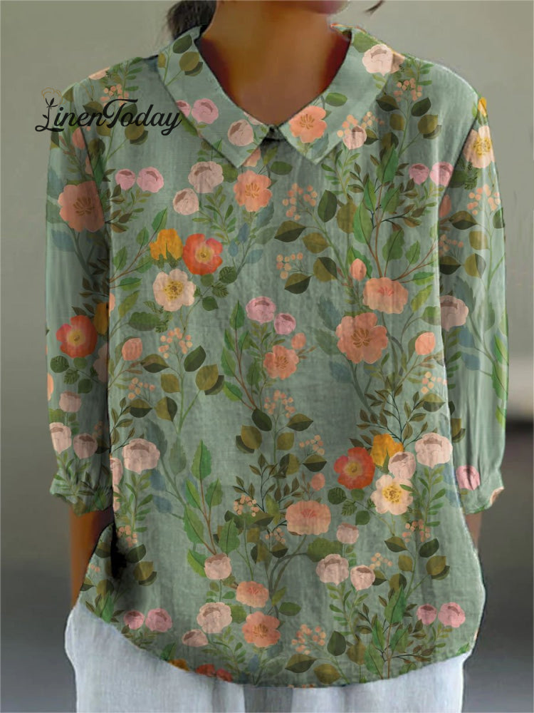 Women&rsquo;s Retro Floral Print Casual Cotton And Linen 3/4 Sleeve Shirt Green / S