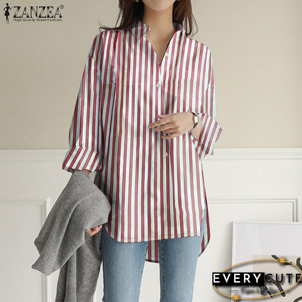 Womens Turn Down Collar T-Shirt Full Sleeve Front Pockets Loose Shirt Button Striped Print Tops S-5XL