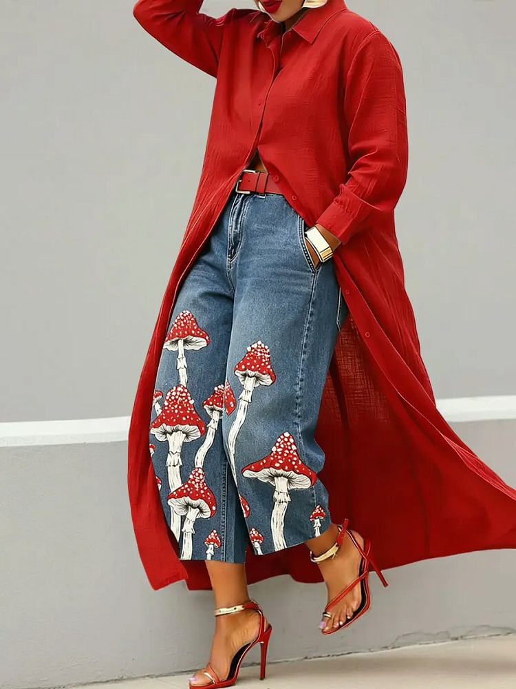 Women's Abstract Art Print Casual Loose Wide-leg Denim Pants