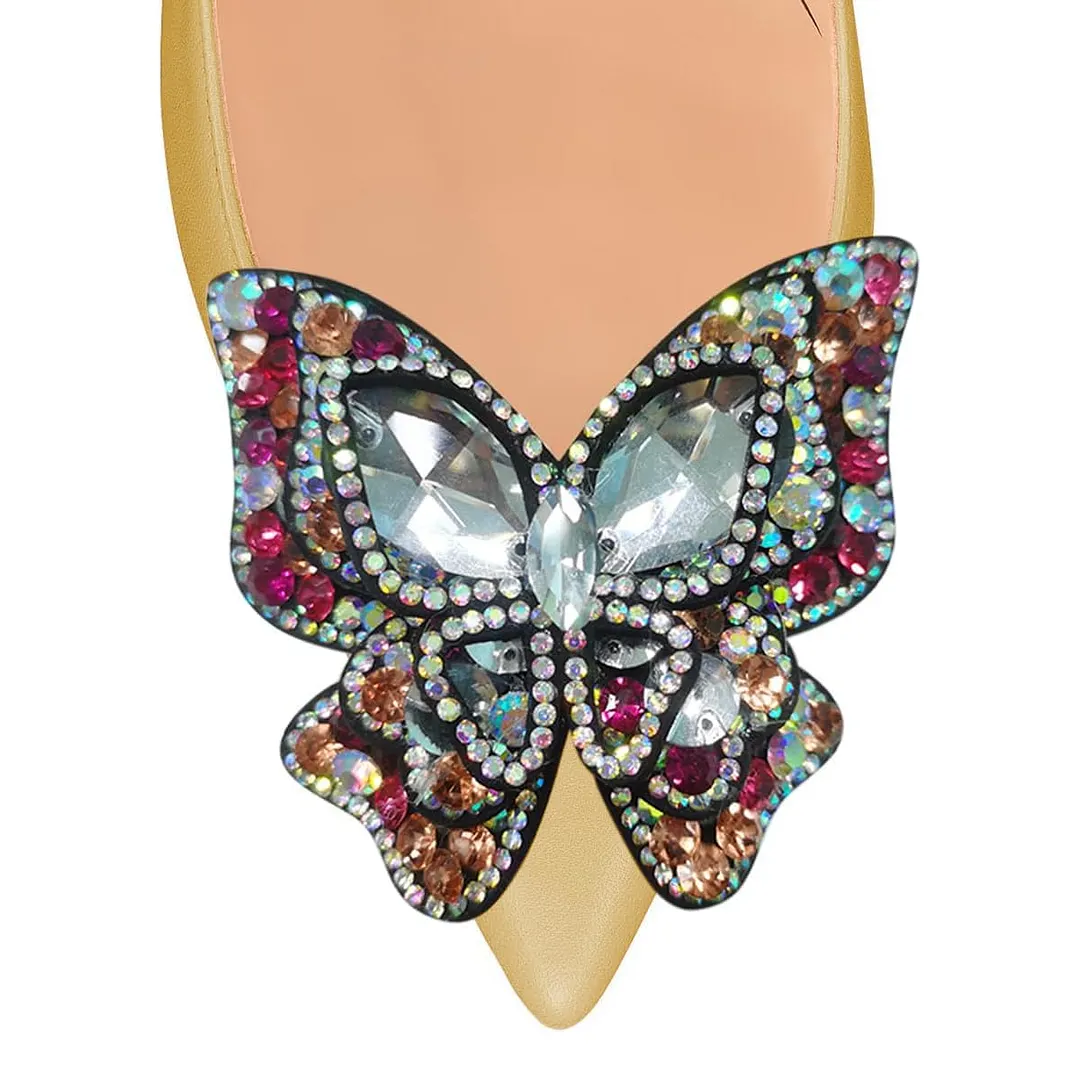 Pointed Toe Rhinestone Butterfly Slip-On Pumps Heels in Yellow