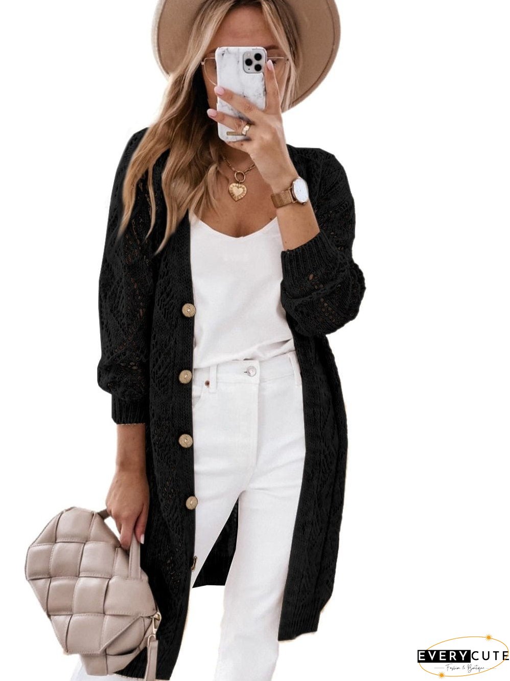 Elegant Black Crochet Knit Openwork Cardigan