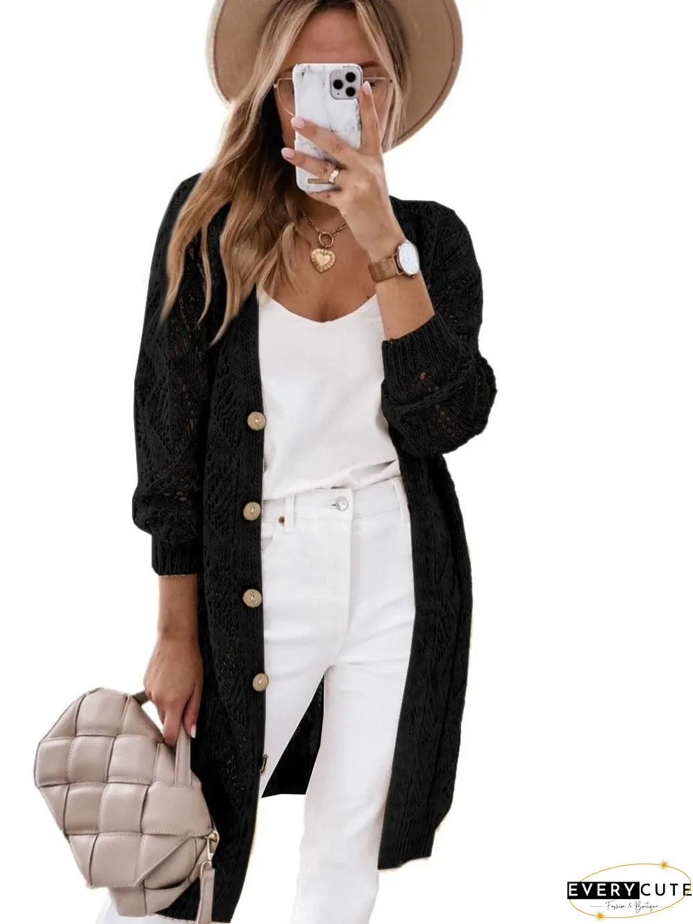 Elegant Black Crochet Knit Openwork Cardigan