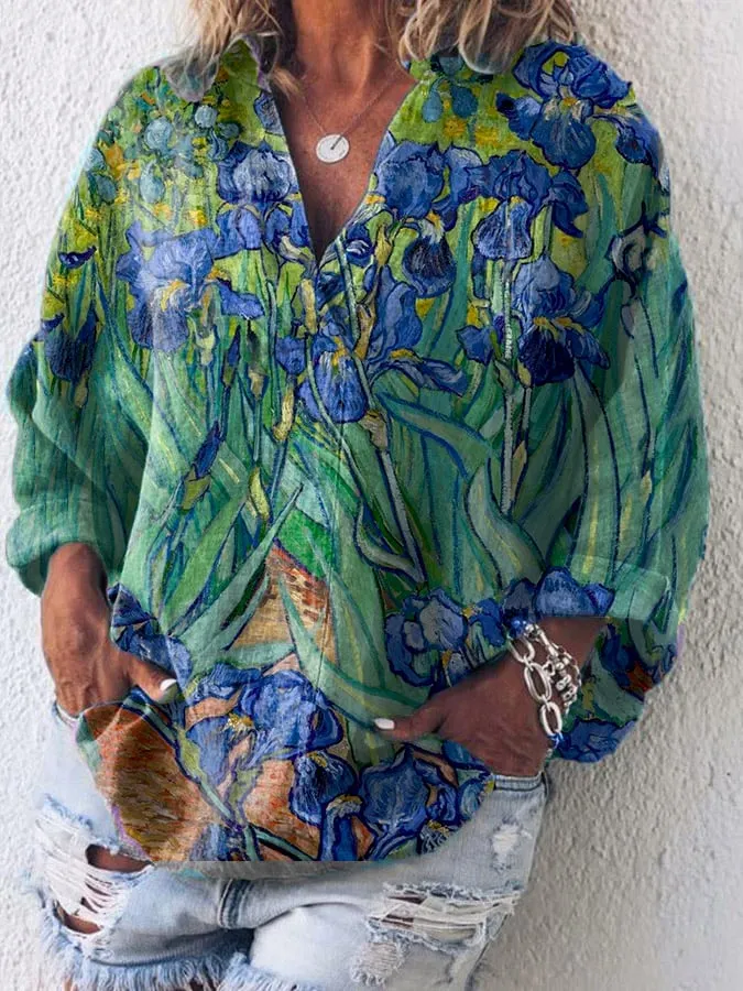 Women's Print Casual Long Sleeve V-Neck Shirt