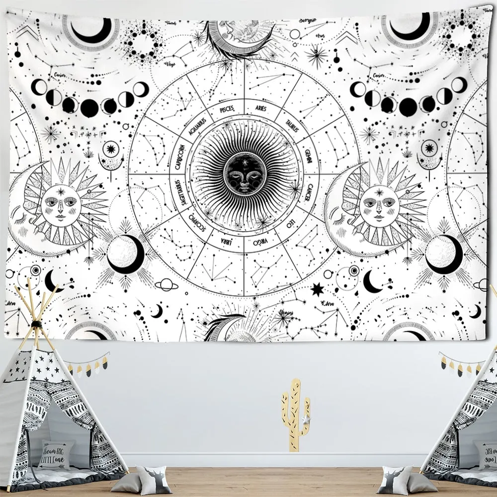 White Black Sun Moon Mandala Starry Sky Tapestry Wall Hanging Bohemian Gypsy Psychedelic Tapiz Witchcraft Astrology Tapestry