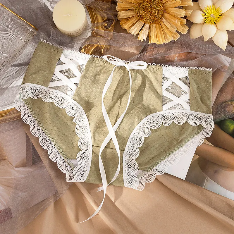 Billionm Girl Briefs Summer Thin Bow Tie Sling Hollow Lace Cotton Crotch Student Cute Candy Color Fashion and Comfortable WOMEN Loli
