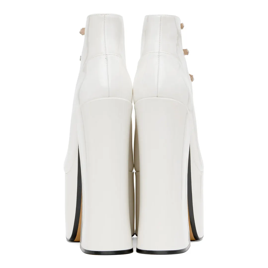 White Patent Leather Round Toe Platform Chunky Heels with Buckle Strap