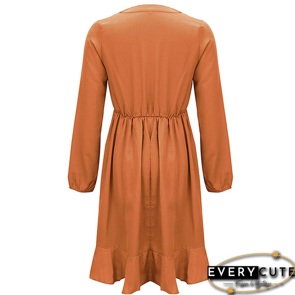 Orange Lace Up Long Sleeve Casual Dress