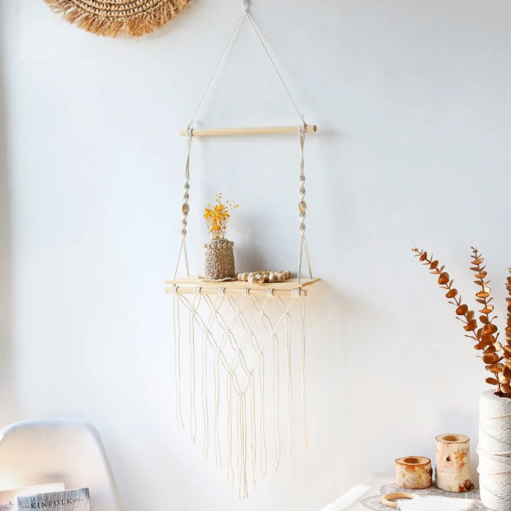 Double Layer Macrame Hanging Shelves Floating Shelf For Plants Boho Home Decor Wood Wall Shelves for Bedroom, Living Room