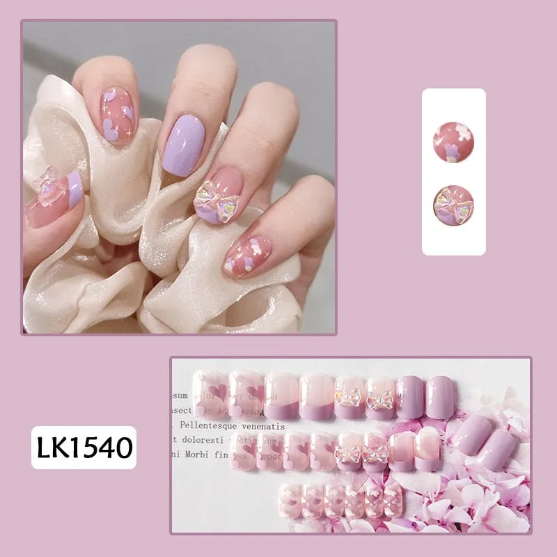 24pcs/box Fake Nails With Glue Yellow Flower Printed Type Short Paragraph Fashion Manicure Press On False Nails Gifts For Girls-Nail Inspo