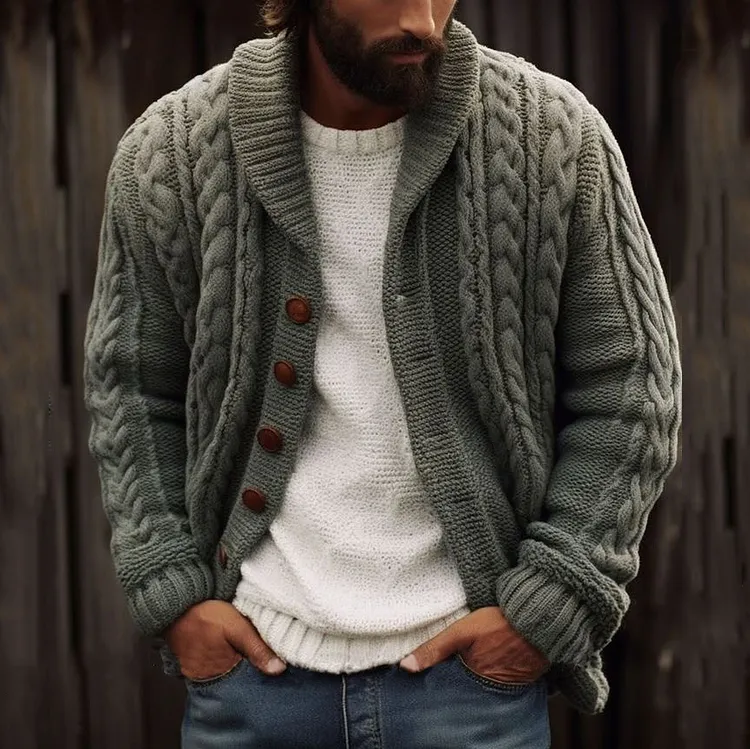 Men's Vintage Braided Lapel Button Down Sweater