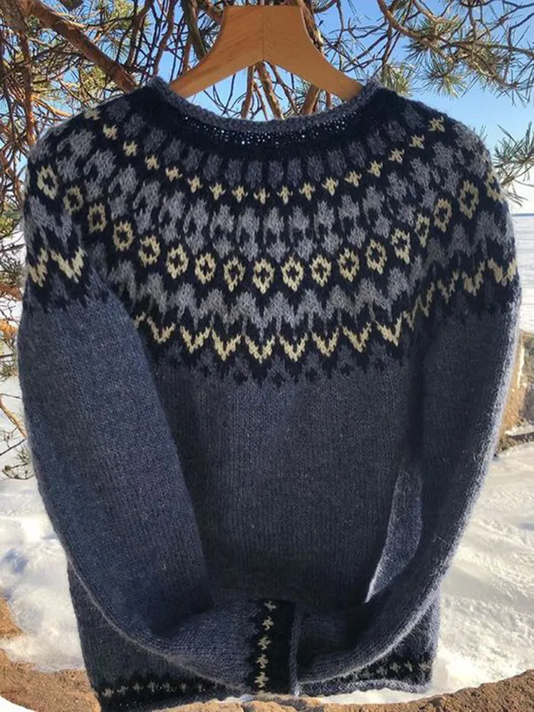Vintage Knit Jacquard Islender Crew Neck Sweater（Unisex）