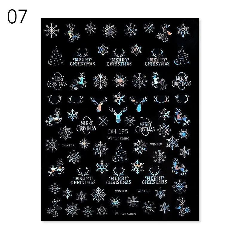 Sliver Bronzing 3D Christmas Nail Art Decoration Sticker Sparkly White Colorful Glitter Geometry Snowflake Winter Slider Foil