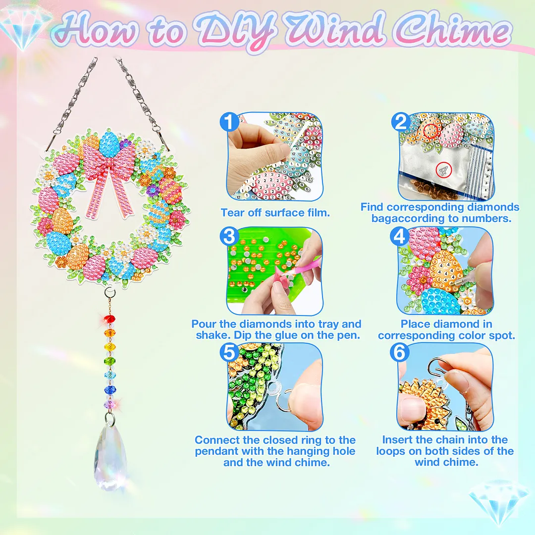 2Pcs Wreath DIY Acrylic Diamond Painting Art Wind Chimes with Crystal Pendant Diamond Art Hanging Pendant Double-Sided for Adults Beginners Gift Home Garden Decor