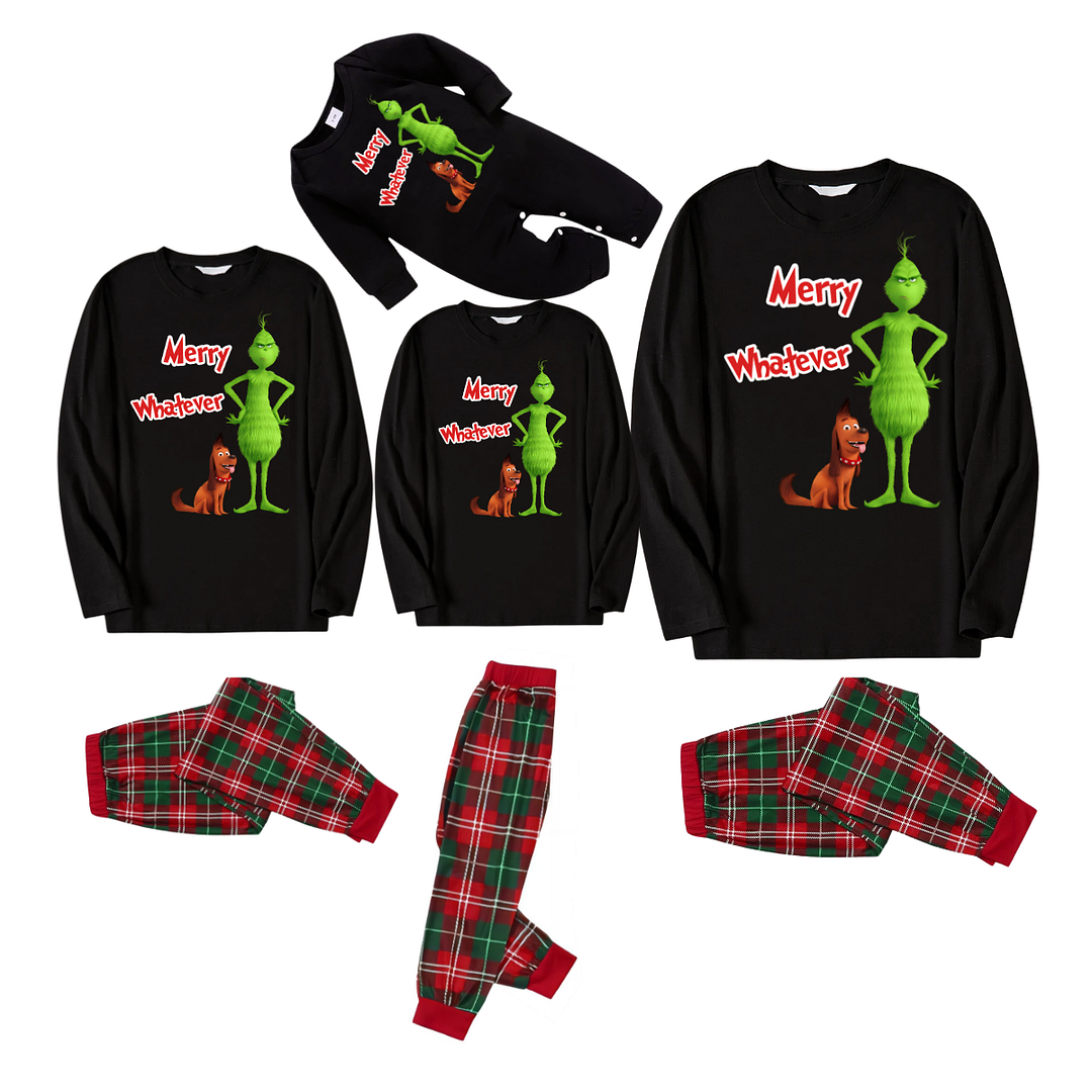 Cartoon Pattern and Christmas Slogan Printed Red and Green Plaid Family Matching Pajamas