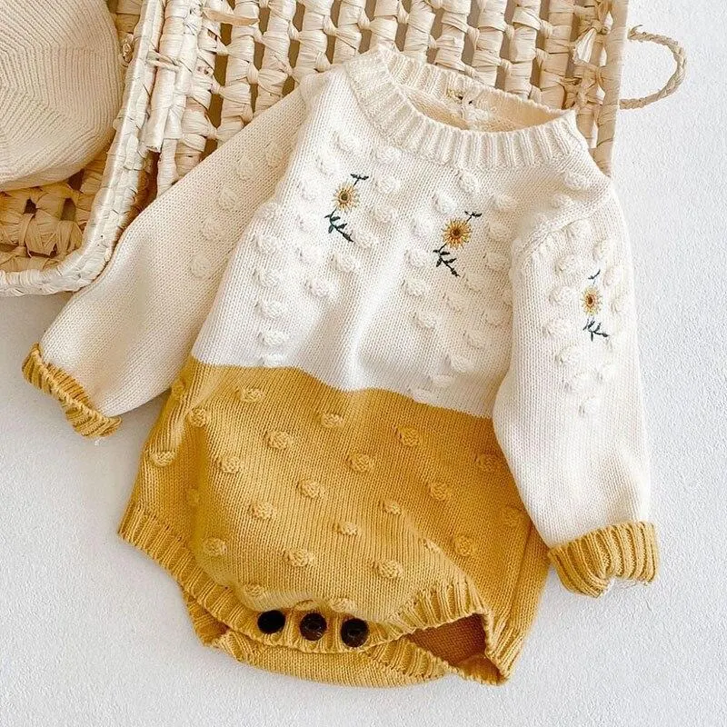 Spring Baby Girl Rompers Girl Long Sleeves Knit Sunflower Embroider Rompers Autumn Baby Girl Newborn Rompers Clothes