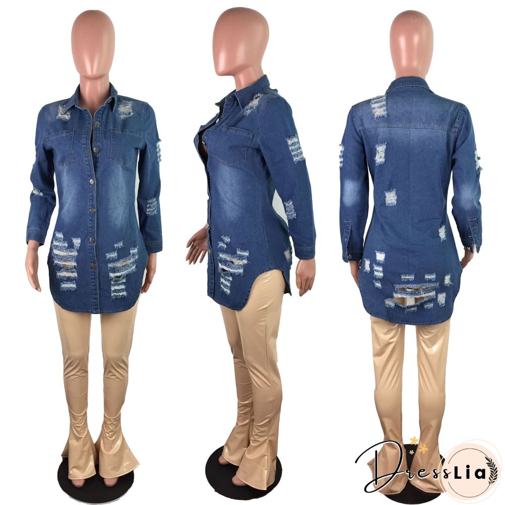Autumn Plus size Ripped Long Sleeve Slim-fit Denim Coat