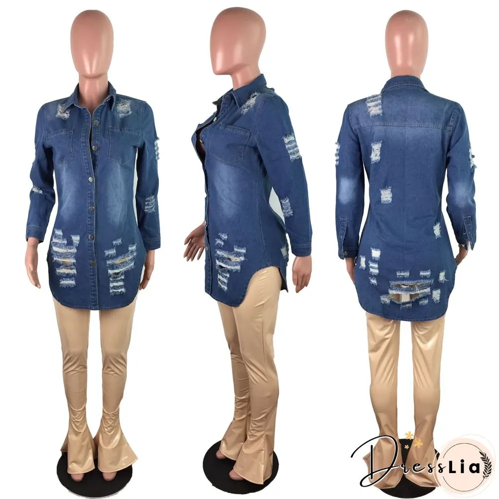 Autumn Plus size Ripped Long Sleeve Slim-fit Denim Coat