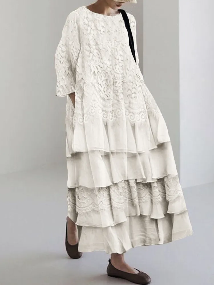 Vintage Floral Lace Ruffle Flowy Linen Blend Maxi Dress