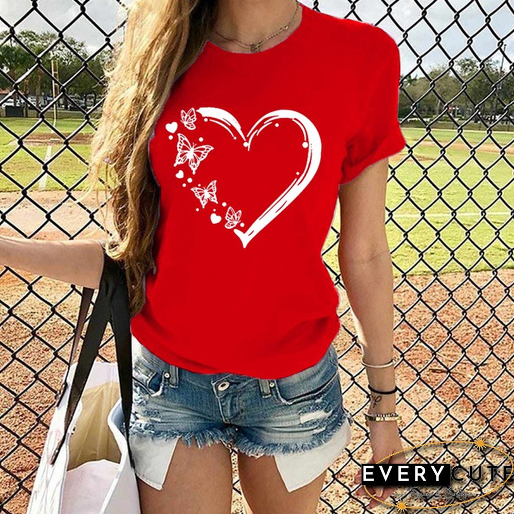 New Ladies Heart-shaped Print Short-sleeved T-shirt Fashion Round Neck T-shirt Womenu3002