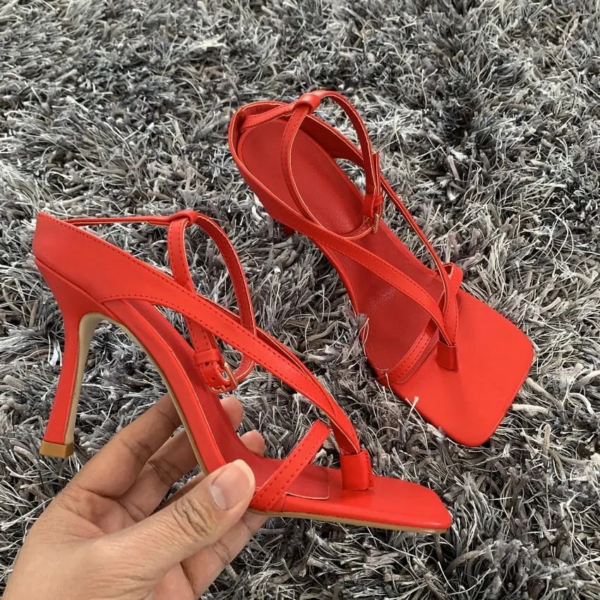 2020 Summer New Fashion Pinch Narrow Band Women Gladiator Sandal Shoes Ladies Square Open Toe Ankle Buckle Strap Stiletto Heels