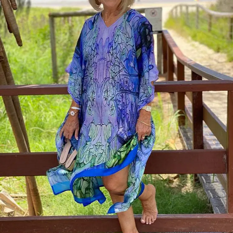 Casual Print Pullover V Neck Midi Dress
