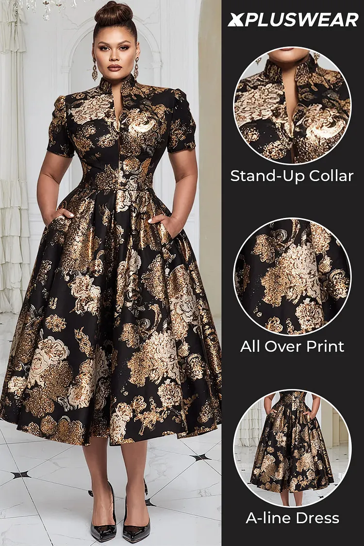 Xpluswear Design Plus Size Formal Black All Over Print Stand-Up Collar Short Sleeve Pocket Elegant Satin Midi Dresses Black-2XL/18-20
