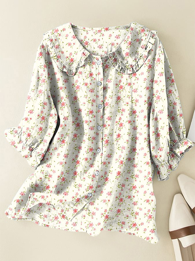 Vintage Floral Loose Cotton and Linen Peter Pan Ruffle Collar Shirt