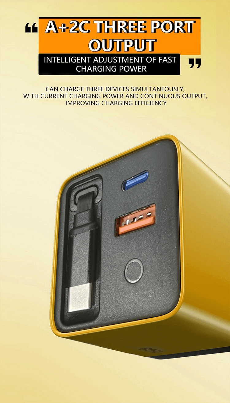 3 in 1 GaN Charger,Scalable 80W MAX fast charger module with Type-C cable and 1 USB ports 