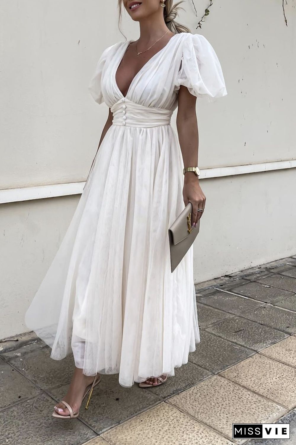Dot V Neck Button Empire Waist Mesh Maxi Dress