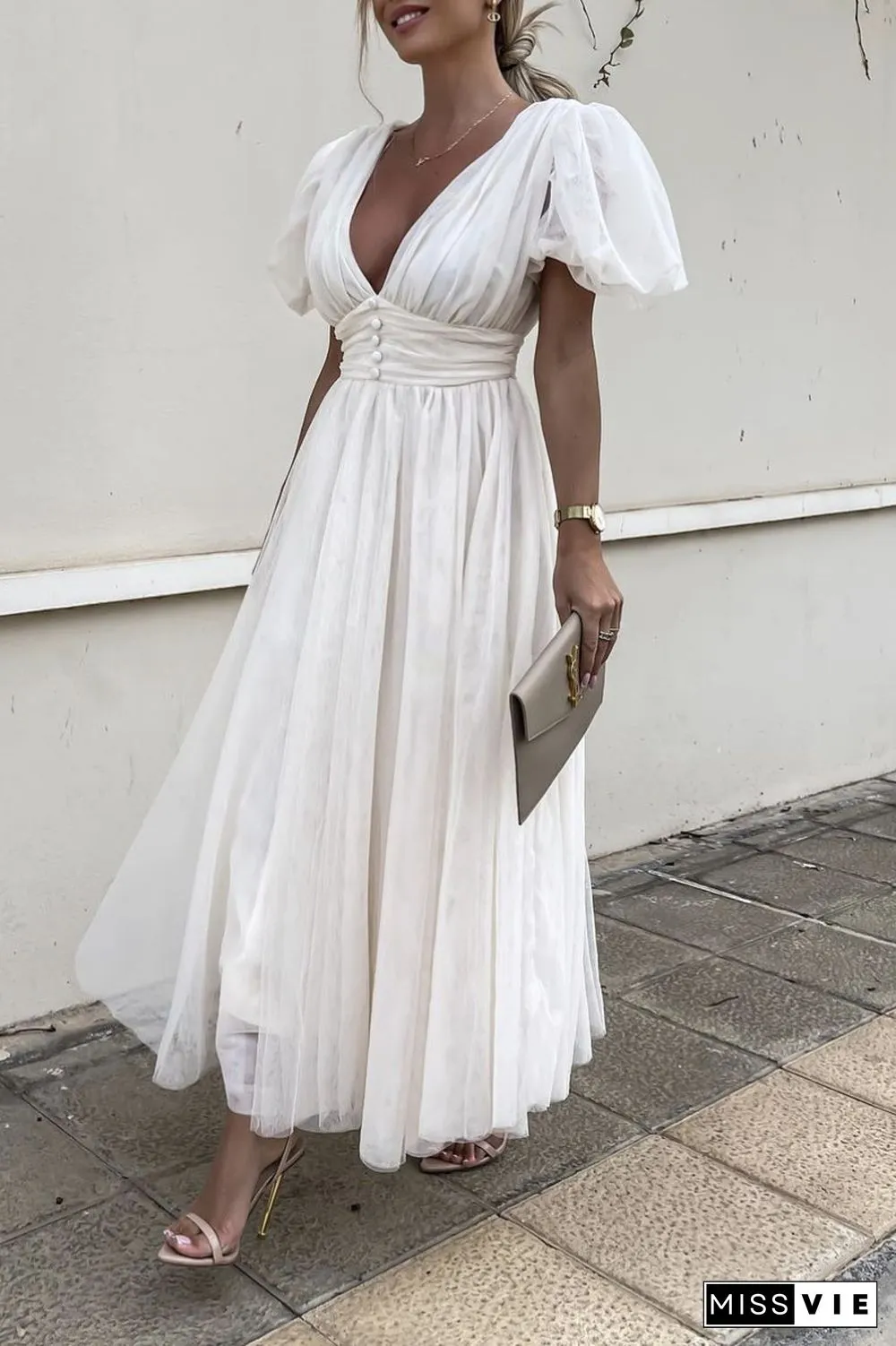 Dot V Neck Button Empire Waist Mesh Maxi Dress