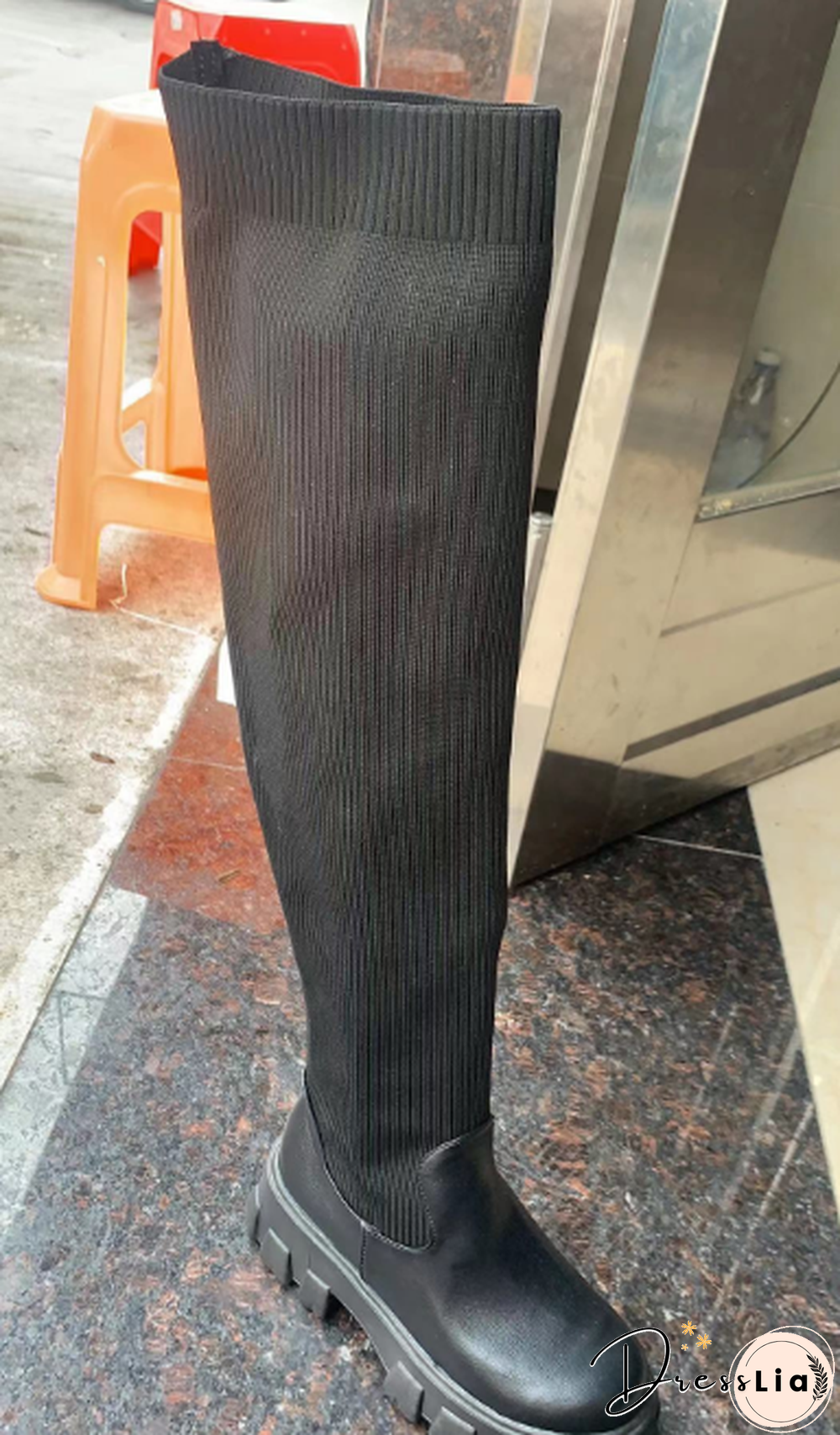 Plus Size Fly Knee Round Toe High Leg Woven Boots