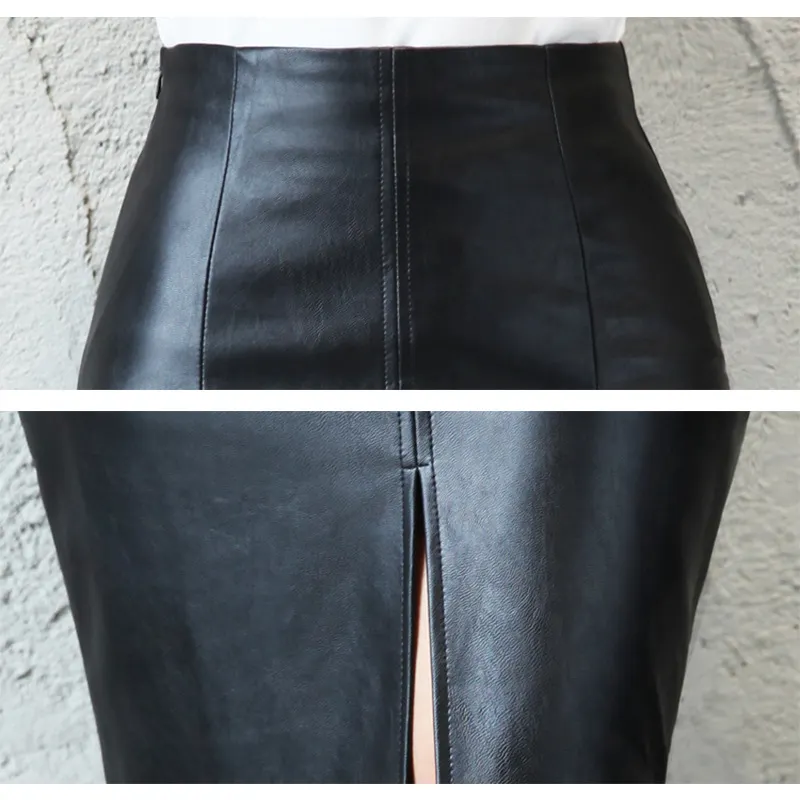 Churchf Churchf Spring And Autumn New Ins Women's Black High Waist Slim Slit PU Leather Half Body Wrapped Hip Skirt