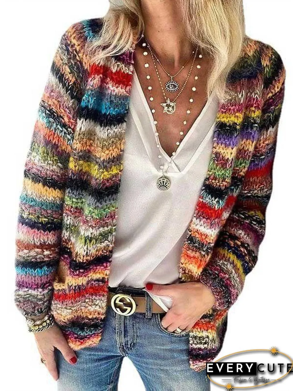 Slouchy Rainbow Stripe Cotton Knit Cardigan Sweater Tops
