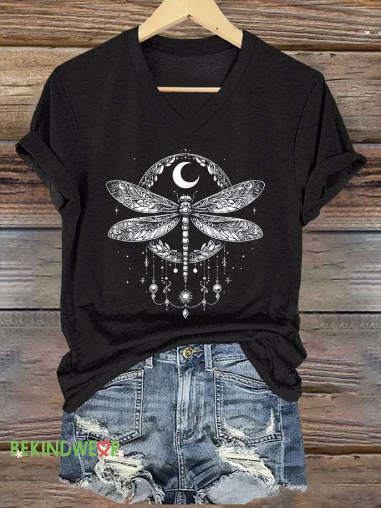 Women&rsquo;S Casual Spiritual Dragonfly Print Short Sleeve T-Shirt Black / S