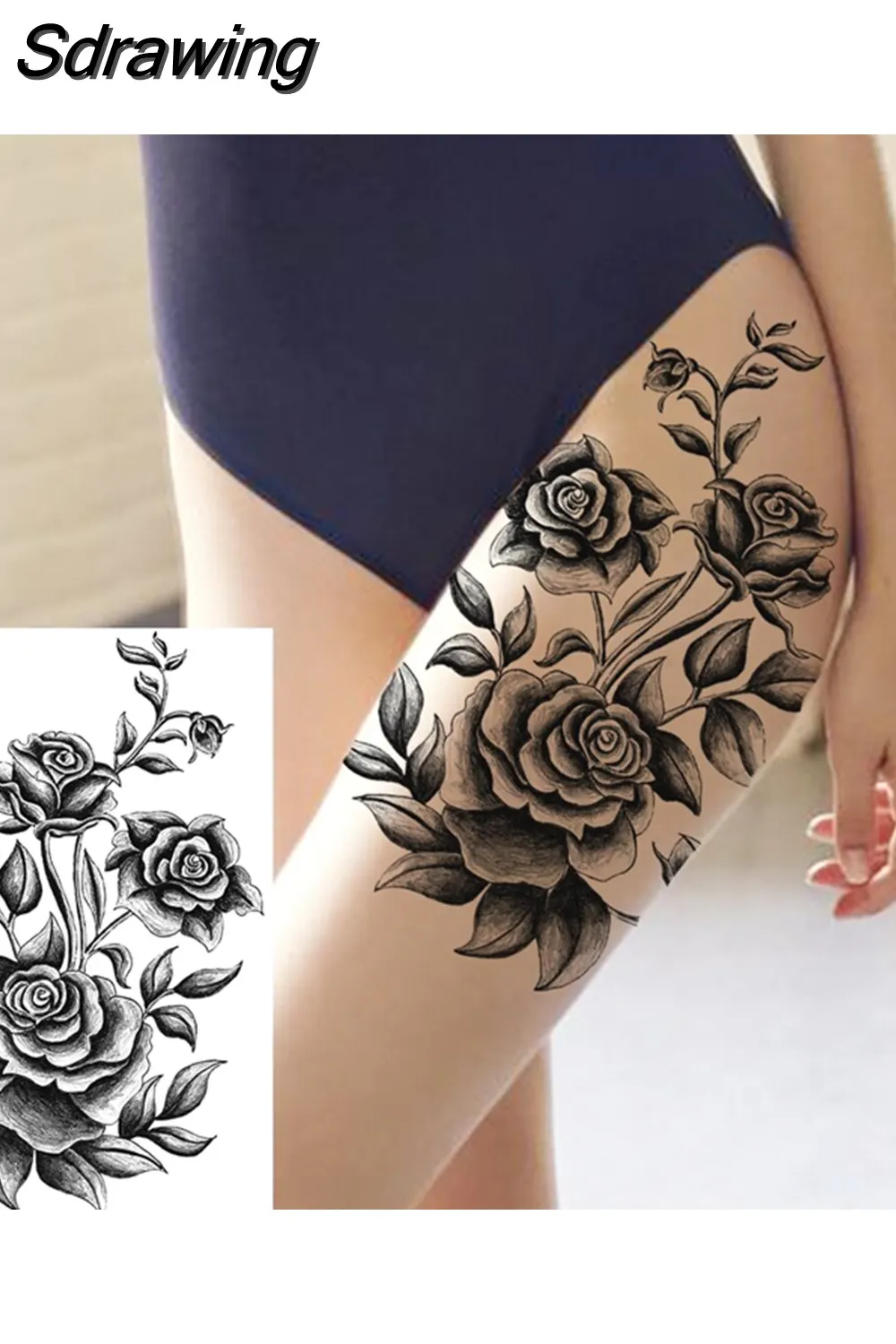 Sdrawing Peony Flower Temporary Tattoos For Women Adults Realistic Compass Moon Pendant Fake Tattoo Sticker Arm Body Tatoos 507-1