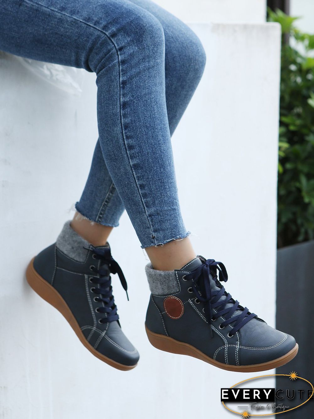 PU Leather Suede Panel Casual Short Boots