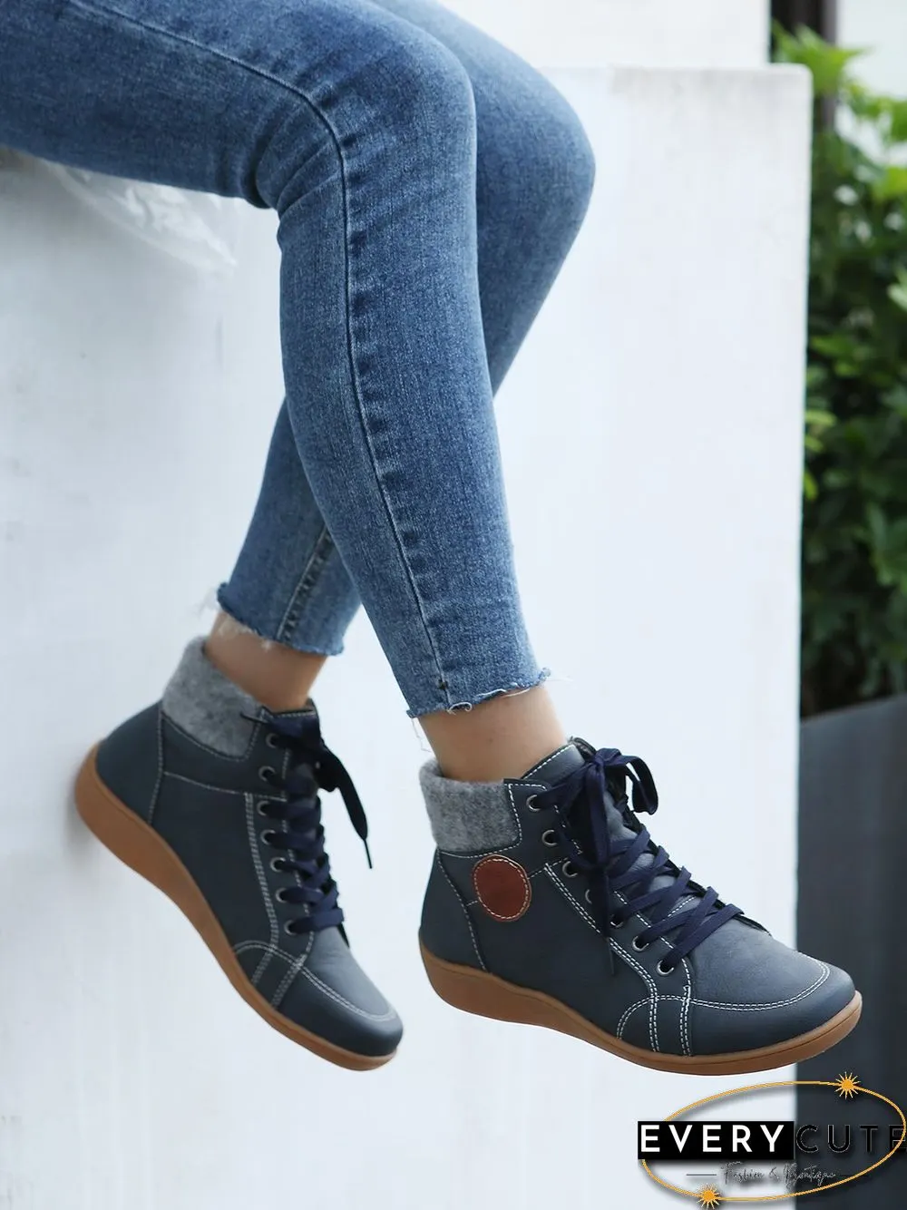 PU Leather Suede Panel Casual Short Boots
