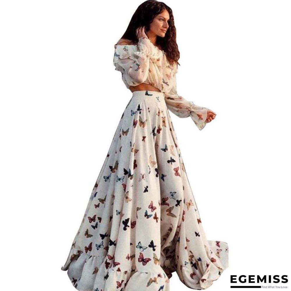 Butterfly Print Two Piece Set Large Skirt Long Skirt Beach Dress White Dresses | EGEMISS