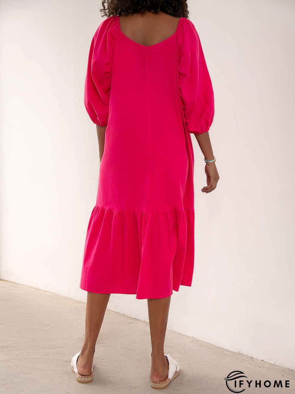 Plain Holiday Balloon Sleeve Cotton-Blend Weaving Dress | IFYHOME