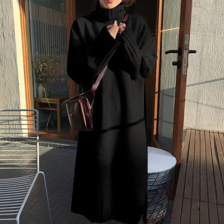 Simple Camel Turtleneck Long Sleeve Slit Hem Knitted Dress 