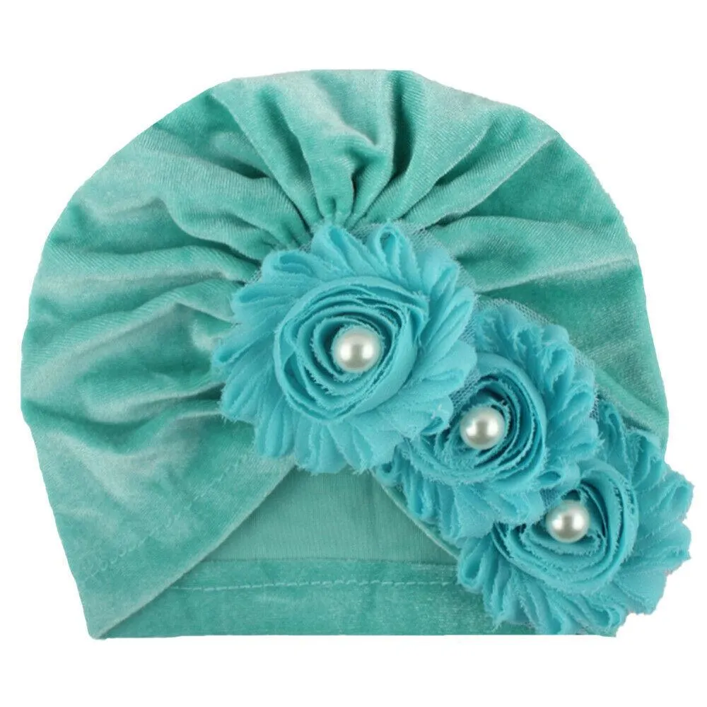 2019 Baby Accessories Newborn Infant Kids Baby Boy Girl Indian Turban Twist Knot Velvet Beanie Hat Pearl Flower Solid Soft Cap