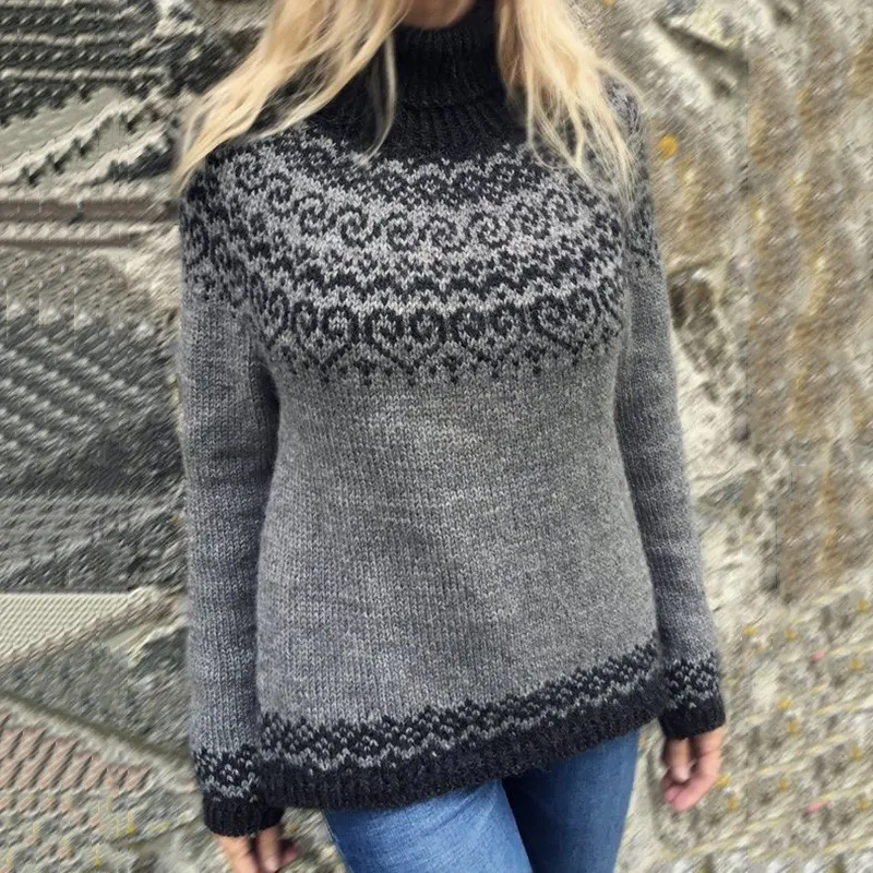 Vintage Icelandic Geometric Color Block Mid Neck Comfy Sweater