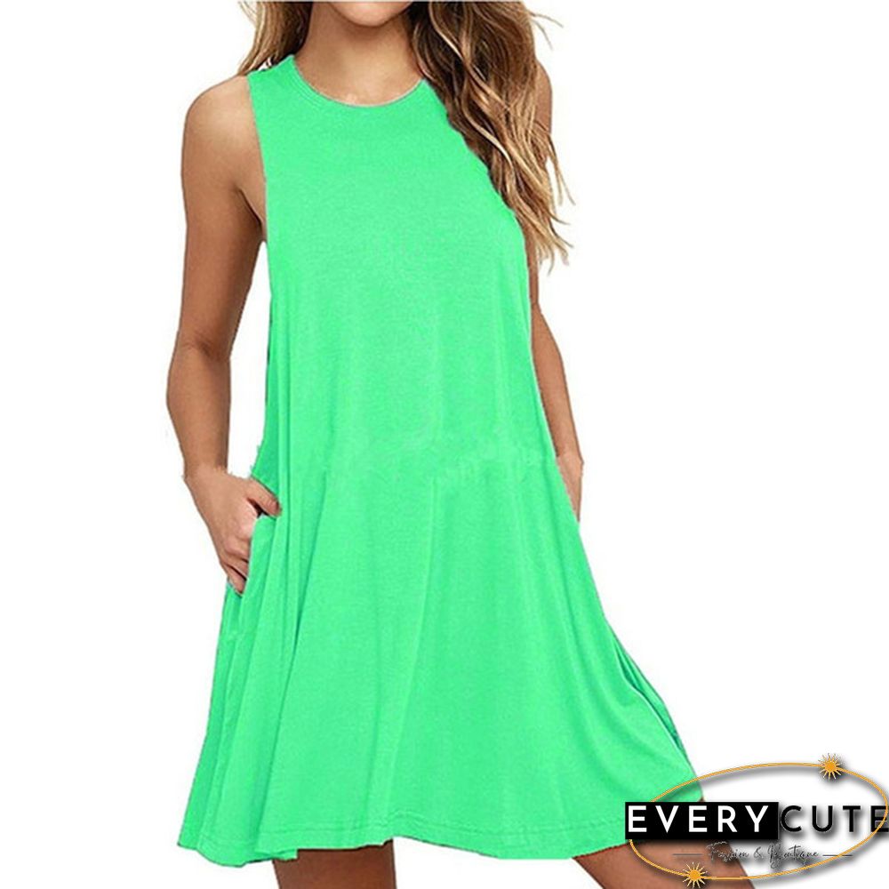 Plus Size XS-8XL Summer Women Casual Round Neck Solid Color Loose Sleeveless Beach Tank Top A-line Pocket Dress Sexy Short Club Party Mini Halter Midi Dresses Robe Ete Femme Knee Length Pleated Skirts Ladies Fashion Swing Cotton T-Shirt Dress
