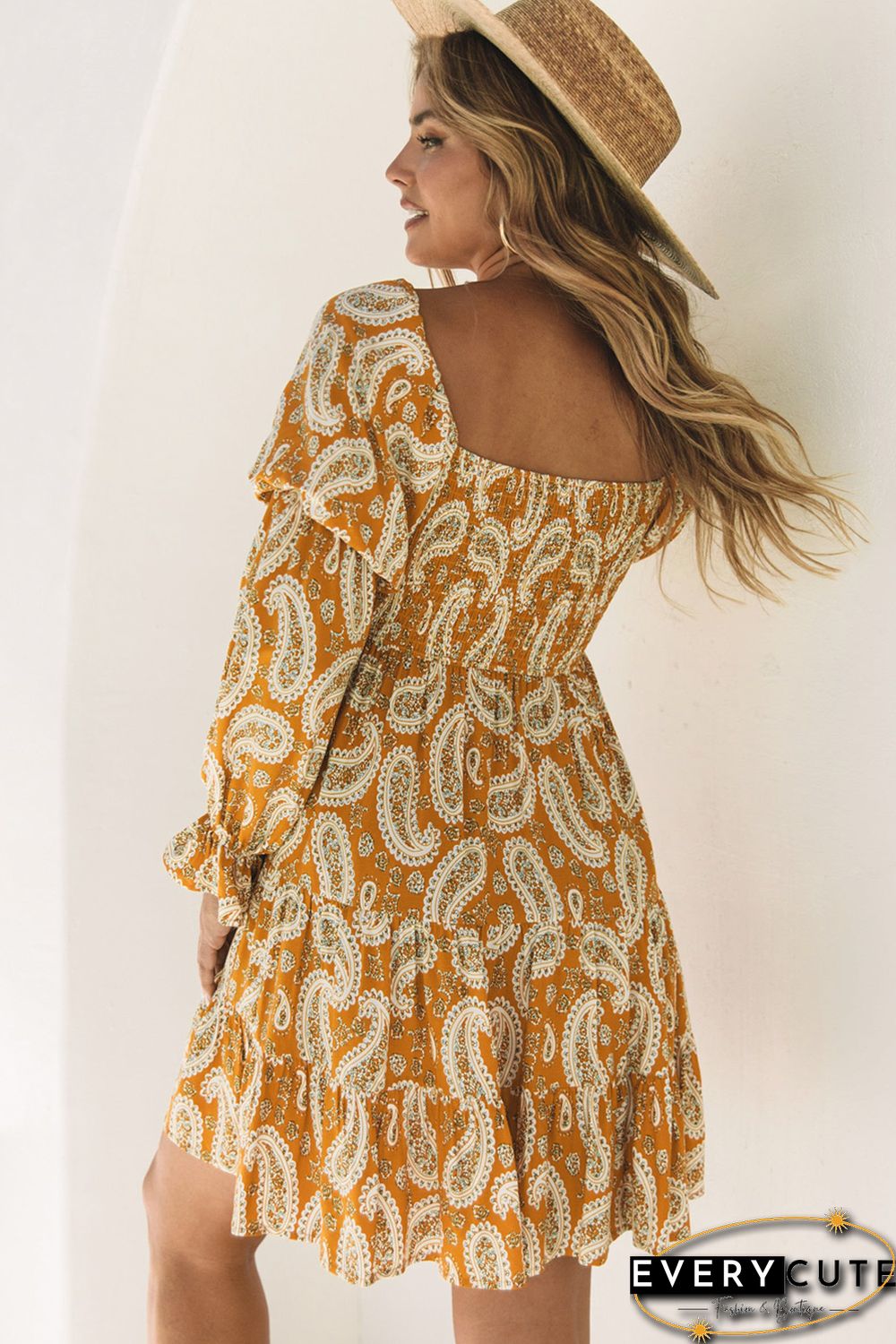 Yellow Boho Paisley Long Sleeve Floral Dress