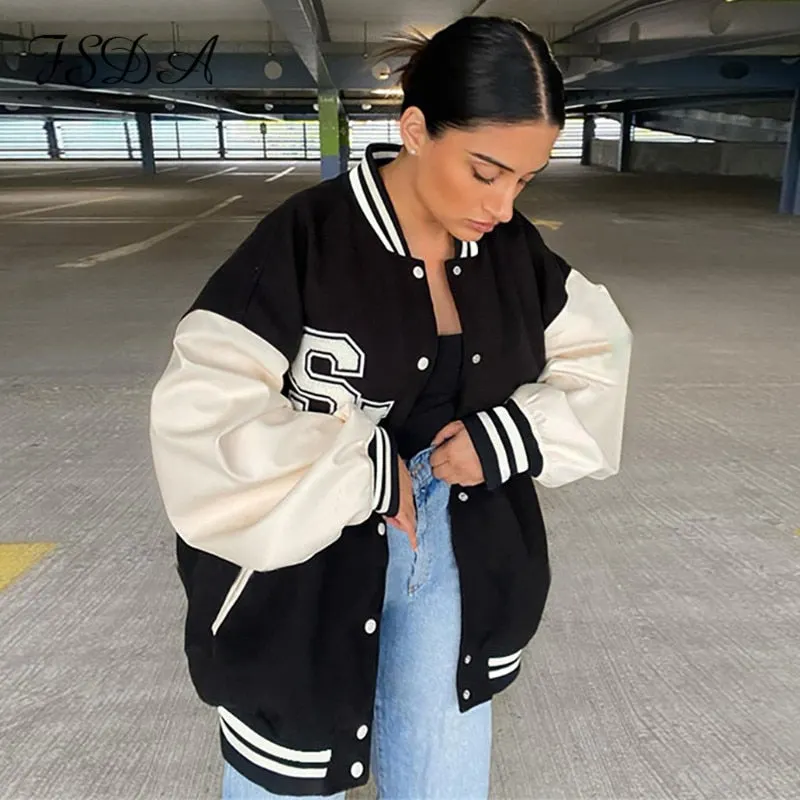 FSDA 2021 Autumn Winter Oversized Baseball Jacket Varsity Bomber Women Long Sleeve Patchwork Letter Print Coat Fashion